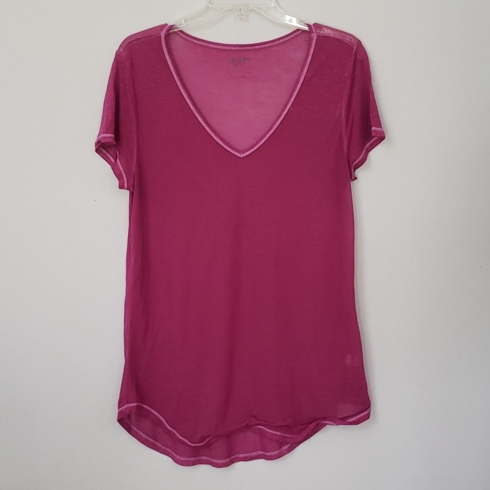 Y2K MUDD Tee Shirt Womens L Sheer Burnout Purple Raspberry V Neck Cap Sleeve Top